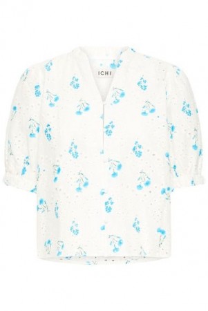 ICHI Judite SH Bluse – Cream med blått blomsterprint